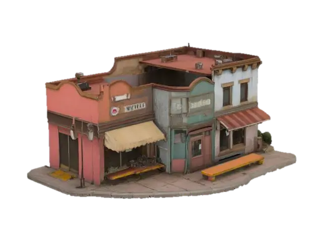 3D model for a strip of shops that look a little worn out. 