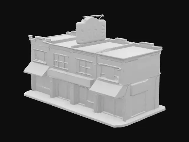 3D model for a strip of shops that look a little worn out. 
