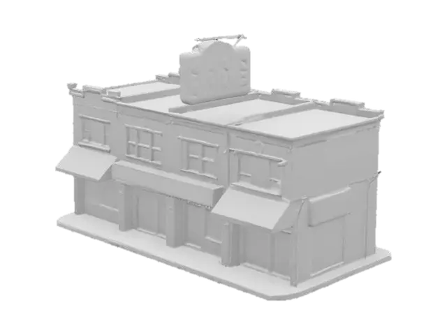 3D model for a strip of shops that look a little worn out. 
