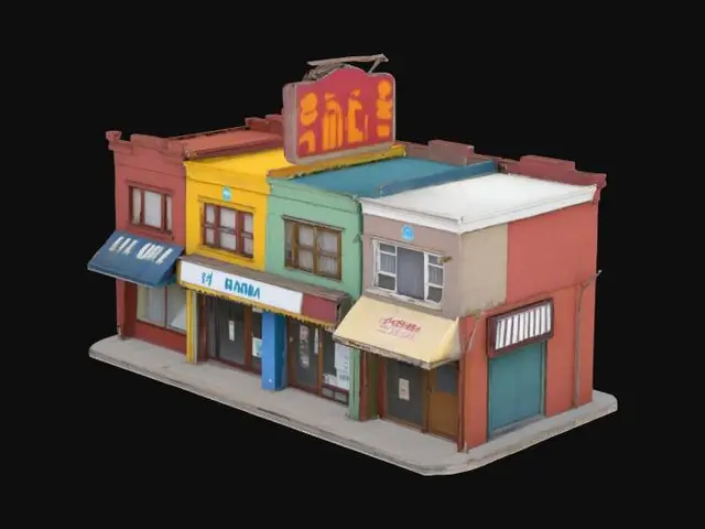 3D model for a strip of shops that look a little worn out. 