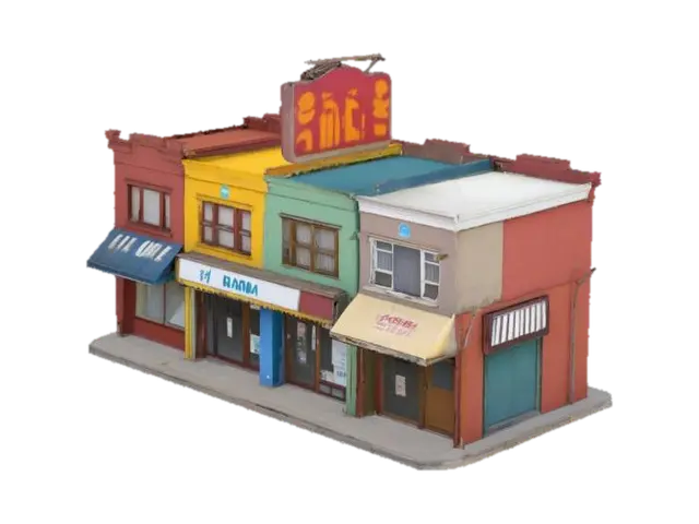 3D model for a strip of shops that look a little worn out. 