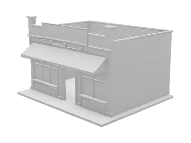 3D model for a long strip of shops that look a little worn out. 