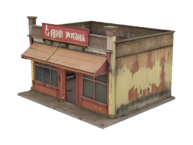 3D model for a long strip of shops that look a little worn out. 