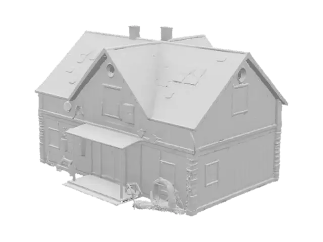 3D model for generate an abandon old wooden building, that's been reconfigured with futuristic robotic, survival base parts.