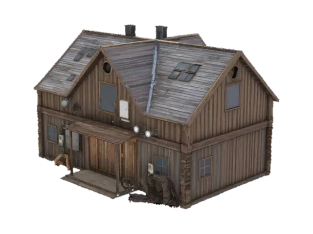 3D model for generate an abandon old wooden building, that's been reconfigured with futuristic robotic, survival base parts.