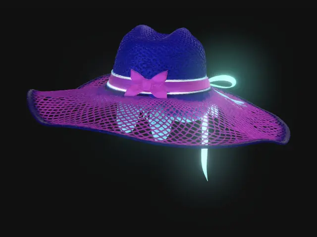 3D model for Neon straw hat with holographic ribbons and glowing accents, cyber farm stylized 3D #helper
