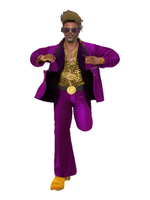 Full-body funky disco pimp character, oversized purple velvet suit with flared pants,… - 1970s 3D model, vytvořený pomocí AI