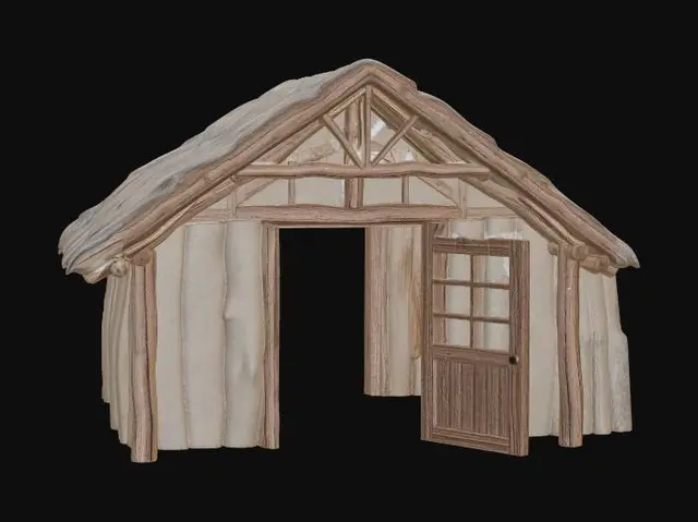 3D model for an empty village house with its door open