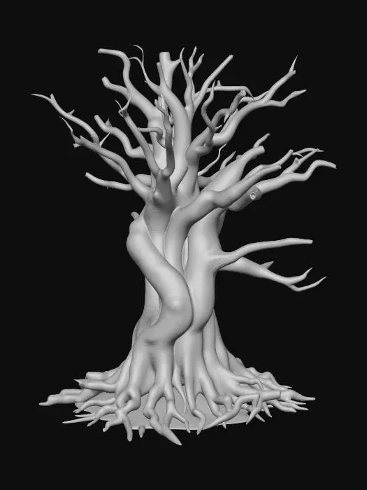 3D model for 一个高保真的3D写实欧洲橡树模型。几何体主体为一棵粗壮、扭曲的古树,树干带有明显的螺旋状纹理和节疤,根部盘根错节,裸露在地面。树枝向四周不规则伸展,形成宽阔、伞状的树冠。叶片为典型的橡树叶形,边缘带有圆钝的裂片,密集生长在枝条末端。整体结构强调树木的体积感和沧桑感,无颜色信息,仅关注高精度的几何细节和自然的生长姿态。