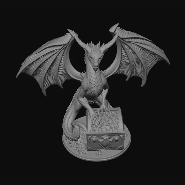 3D model for erstelle bitte ein druckbares bild mit 3d effekt. zu sehen ist ein böser drache, der auf einem goldschatz hockt. die flügel ausgebreitet. das bild bitte mit tiefe versehen und in einen soliden rahmen setzen. an einigen stellen daRF DAS eigentliche motiv über den rand ragen, um den eindruck zu vermitteln, der drache kommt aus dem bild. bitte für 3d druck oprimieren. max 25 x 25 cm breit und etwa 5-7 cm hoch. unbedingt beachten, dass es als wandbild generiert wird und möglichst ohne überhänge