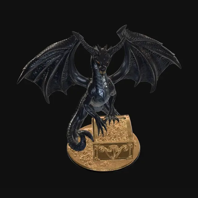 3D model for erstelle bitte ein druckbares bild mit 3d effekt. zu sehen ist ein böser drache, der auf einem goldschatz hockt. die flügel ausgebreitet. das bild bitte mit tiefe versehen und in einen soliden rahmen setzen. an einigen stellen daRF DAS eigentliche motiv über den rand ragen, um den eindruck zu vermitteln, der drache kommt aus dem bild. bitte für 3d druck oprimieren. max 25 x 25 cm breit und etwa 5-7 cm hoch. unbedingt beachten, dass es als wandbild generiert wird und möglichst ohne überhänge