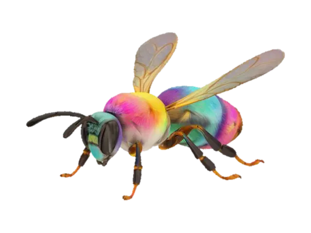 a realistic honey bee with wings extended straight out with a rainbow of vibrant pastel… 3D model, vytvořený pomocí AI