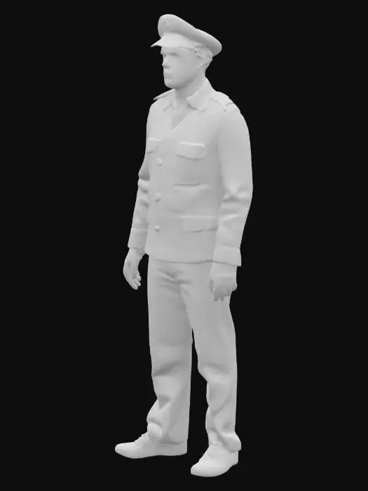 3D model for A bronze statue of a male sailor in dress uniform standing upright on both legs. Both arms are down to the sides. Each hand has a thumb and four fingers slighty separated.
