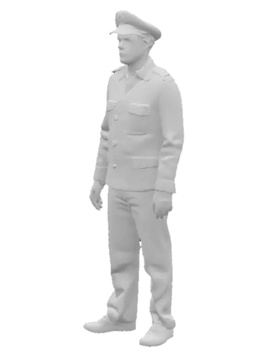 3D model for A bronze statue of a male sailor in dress uniform standing upright on both legs. Both arms are down to the sides. Each hand has a thumb and four fingers slighty separated.
