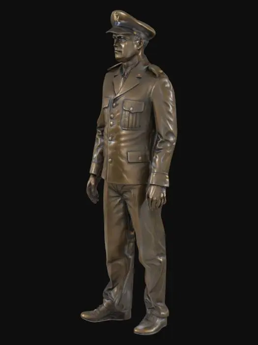 3D model for A bronze statue of a male sailor in dress uniform standing upright on both legs. Both arms are down to the sides. Each hand has a thumb and four fingers slighty separated.
