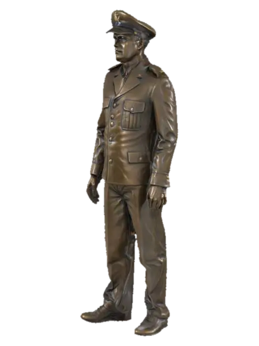 3D model for A bronze statue of a male sailor in dress uniform standing upright on both legs. Both arms are down to the sides. Each hand has a thumb and four fingers slighty separated.
