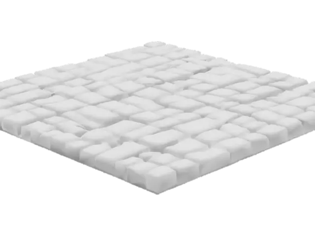 3D model for Ein natürlicher ineinandergreifender Bodenbelag als Textur, bestehend aus einer dunkelbraunen, erdigen Basis, in die zahlreiche unregelmäßige Steine und Kiesel unterschiedlicher Größe eingebettet sind. Die Steine sind überwiegend gräulich bis hellbraun, mit glatten, leicht abgenutzten Oberflächen und vielfältigen, meist länglichen oder ovalen Formen. Die umgebende Textur ist körnig und trocken, was dem Untergrund ein raues, unebenes und festes Aussehen verleiht, das an einen unbefestigten Weg oder Schotterboden erinnert.