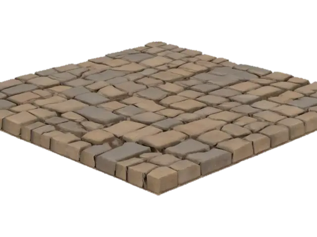 3D model for Ein natürlicher ineinandergreifender Bodenbelag als Textur, bestehend aus einer dunkelbraunen, erdigen Basis, in die zahlreiche unregelmäßige Steine und Kiesel unterschiedlicher Größe eingebettet sind. Die Steine sind überwiegend gräulich bis hellbraun, mit glatten, leicht abgenutzten Oberflächen und vielfältigen, meist länglichen oder ovalen Formen. Die umgebende Textur ist körnig und trocken, was dem Untergrund ein raues, unebenes und festes Aussehen verleiht, das an einen unbefestigten Weg oder Schotterboden erinnert.
