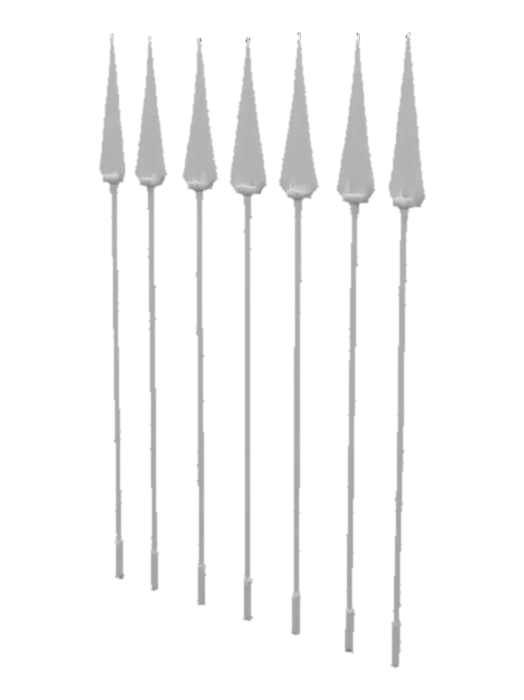 3D model for 5 Speere, die senkrecht auf dem Boden stehen. Der Boden soll hierbei nicht gezeichnet werden. Der Still soll im handgezeichneten und bemalten Stil sein
