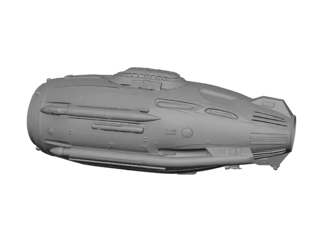 3D model for A rocket ship, tiers , weapons, pods , military technology, all pieces connected to hull, obloid , organic