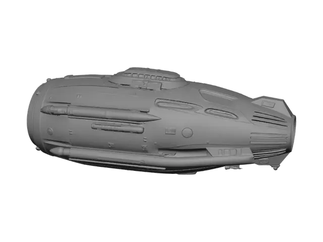 3D model for A rocket ship, tiers , weapons, pods , military technology, all pieces connected to hull, obloid , organic