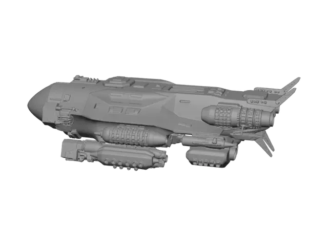 3D model for A rocket ship, tiers , weapons, pods , military technology, all pieces connected to hull, obloid , organic