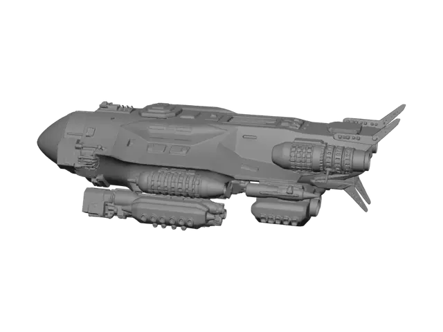 3D model for A rocket ship, tiers , weapons, pods , military technology, all pieces connected to hull, obloid , organic