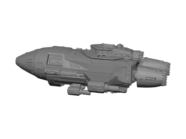 3D model for A rocket ship, tiers , weapons, pods , military technology, all pieces connected to hull, obloid , organic