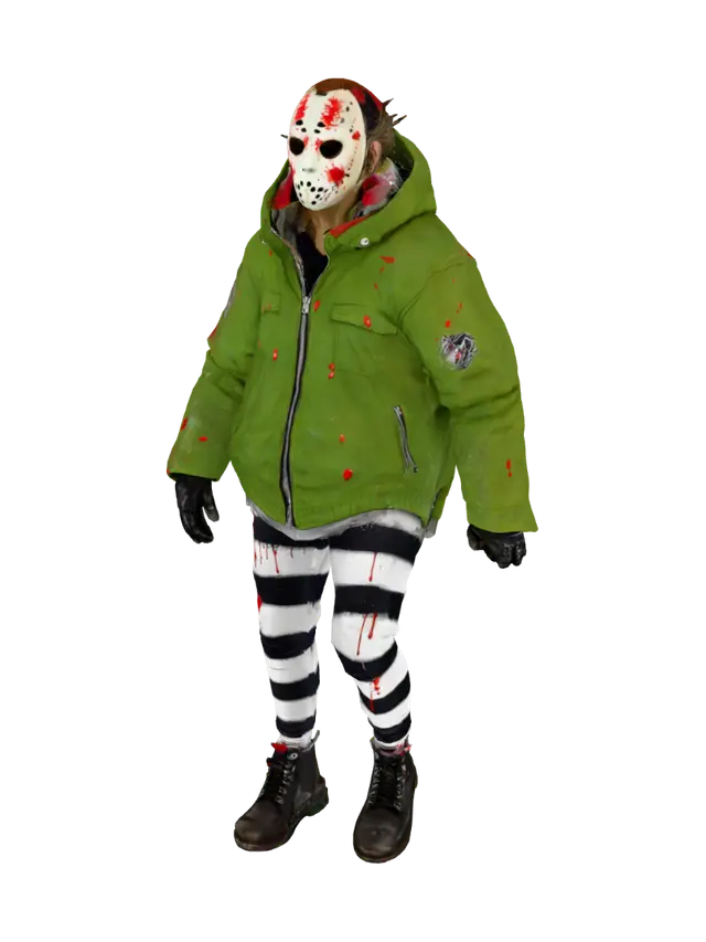 A parody slasher named Jason Stumbles, cinematic 3D render on plain gray… - Greenjacket-3D-modell, genererad av AI