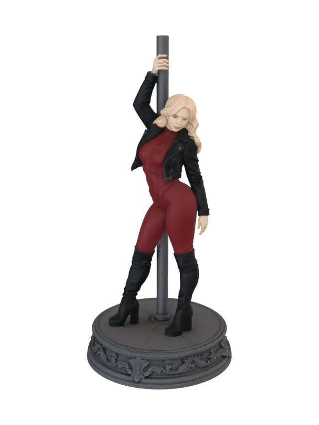 3D model for Same collectible statue figure, same red leather catsuit, black leather jacket, thigh-high boots, blonde wavy hair, dark round base, metal pole prop. Make the body more voluptuous and curvy — fuller bust, curvier hips, hourglass silhouette — while keeping the same outfit and pose (one hand gripping the pole overhead, leaning against it, contrapposto stance). Change her facial expression to a confident, seductive smile, looking toward camera with a flirtatious gaze instead of looking down. Keep hair strands close to the head and shoulders rather than floating freely in the air, to avoid thin fragile protrusions. Slightly thicken the boot heels for structural stability. Studio product photography, clean neutral light gray background, isometric angle, same statue material finish (matte