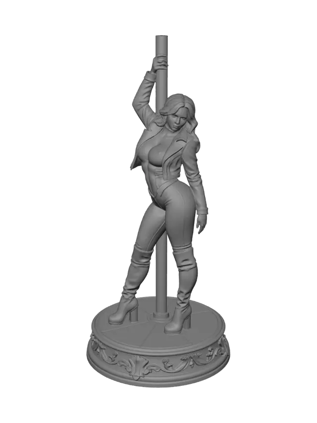 3D model for Same collectible statue figure, same red leather catsuit, black leather jacket, thigh-high boots, blonde wavy hair, dark round base, metal pole prop. Make the body more voluptuous and curvy — fuller bust, curvier hips, hourglass silhouette — while keeping the same outfit and pose (one hand gripping the pole overhead, leaning against it, contrapposto stance). Change her facial expression to a confident, seductive smile, looking toward camera with a flirtatious gaze instead of looking down. Keep hair strands close to the head and shoulders rather than floating freely in the air, to avoid thin fragile protrusions. Slightly thicken the boot heels for structural stability. Studio product photography, clean neutral light gray background, isometric angle, same statue material finish (matte