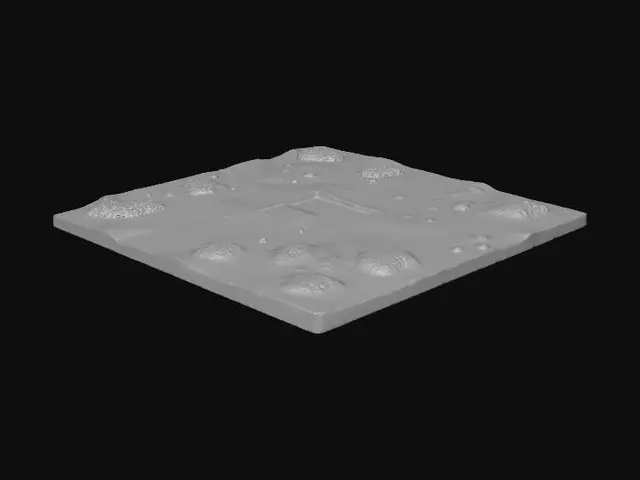 3D model for A Rectangular, Low Poly patch of ground terrain twice as long as it is wide with a pool of water.