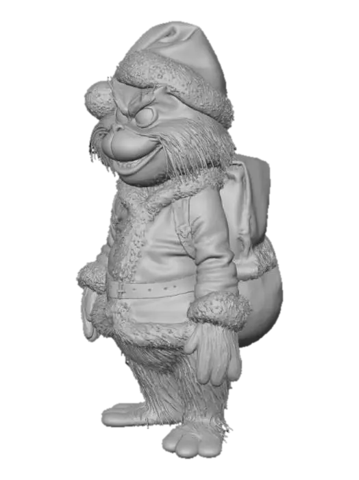 3D model for A mischievous green, furry Grinch stands in a snowy village, his bright lime fur thick and fluffy under the cold. He wears a classic red Santa outfit trimmed with soft white fluff, slightly oversized and crooked to match his playful charm. His yellow eyes narrow with a sly grin as he holds a small sack of presents over his shoulder. Gentle snowflakes fall around him, reflecting off his vibrant fur. The scene blends holiday cheer and playful mischief, capturing the Grinch’s iconic Christmas spirit in a fun, family-friendly 3D style.