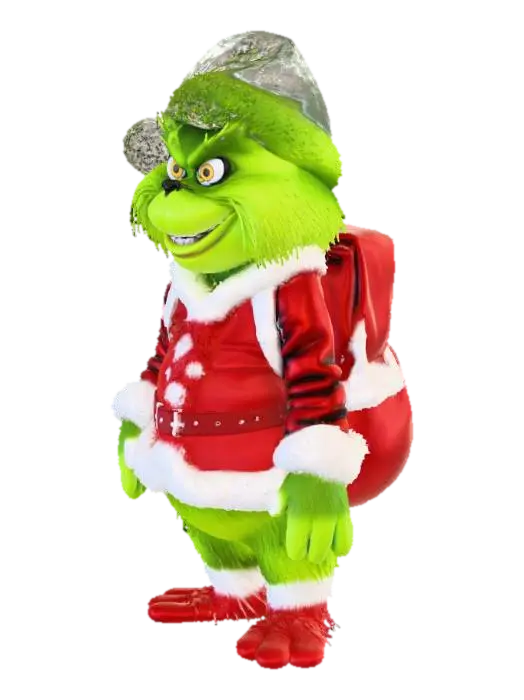 3D model for A mischievous green, furry Grinch stands in a snowy village, his bright lime fur thick and fluffy under the cold. He wears a classic red Santa outfit trimmed with soft white fluff, slightly oversized and crooked to match his playful charm. His yellow eyes narrow with a sly grin as he holds a small sack of presents over his shoulder. Gentle snowflakes fall around him, reflecting off his vibrant fur. The scene blends holiday cheer and playful mischief, capturing the Grinch’s iconic Christmas spirit in a fun, family-friendly 3D style.