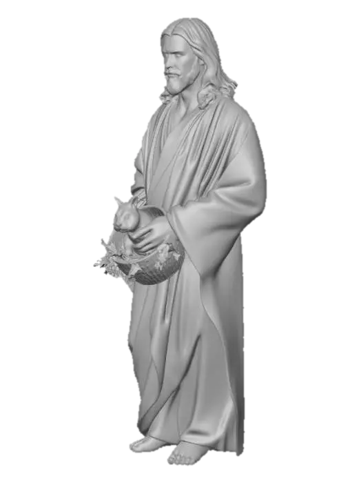 3D model for Jesus with Easter Basket
Description (≤800 chars):
This 3D model portrays a serene and compassionate Jesus figure, walking gently with a warm and peaceful expression. He wears flowing soft white and light beige robes, with subtle fabric folds that move naturally. In his hands, he carries a woven basket filled with soft cloth and greenery, where a small white rabbit rests calmly. The rabbit appears safe and content, symbolizing innocence and renewal. A gentle golden light surrounds the scene, adding a spiritual and uplifting atmosphere. The design emphasizes kindness, peace, and hope, blending Easter symbolism with a calm, beautiful presence.
