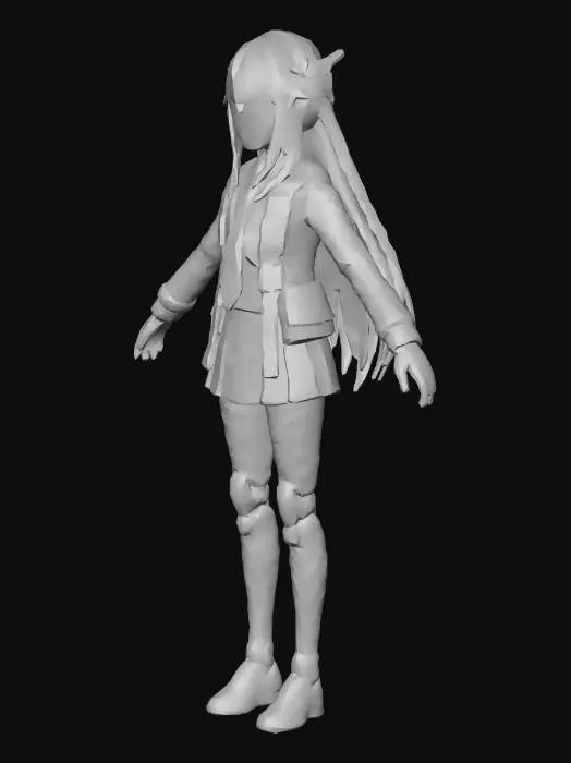 3D model for A humanoid combat android in subculture anime style, designed to resemble a teenage or young adult girl to exploit human hesitation. Slender body, wearing a simple uniform-like outfit with subtle futuristic elements. Her face is fully covered by a smooth, featureless mask with no eyes, nose, or mouth, creating an eerie, unreadable presence. 

Visible joint seams, faint glowing lines under synthetic skin, slight damage revealing metal. Hidden weapons integrated into her body. 

Standing still in a ruined dystopian city. Calm, unnatural posture like a doll. Strong contrast between human-like form and inhuman emptiness, uncanny, tense, dark sci-fi, cinematic lighting, highly detailed.

lowpoly