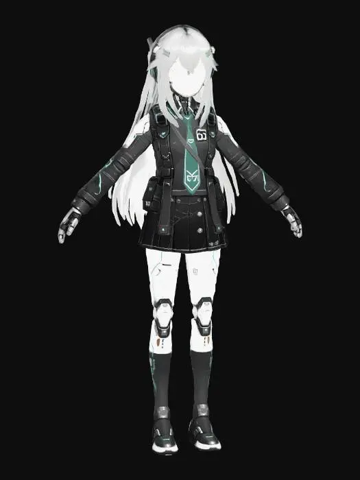 3D model for A humanoid combat android in subculture anime style, designed to resemble a teenage or young adult girl to exploit human hesitation. Slender body, wearing a simple uniform-like outfit with subtle futuristic elements. Her face is fully covered by a smooth, featureless mask with no eyes, nose, or mouth, creating an eerie, unreadable presence. 

Visible joint seams, faint glowing lines under synthetic skin, slight damage revealing metal. Hidden weapons integrated into her body. 

Standing still in a ruined dystopian city. Calm, unnatural posture like a doll. Strong contrast between human-like form and inhuman emptiness, uncanny, tense, dark sci-fi, cinematic lighting, highly detailed.

lowpoly