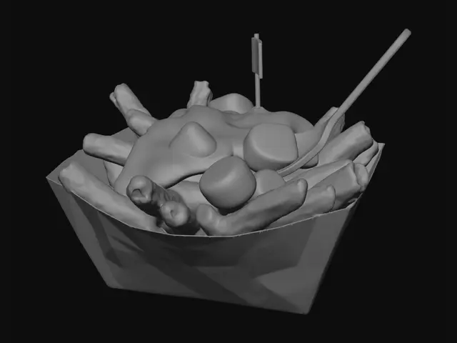 3D model for A hearty serving of Canadian poutine in a red and white checkered paper boat tray: golden crispy french fries piled high, glossy brown gravy drizzled over melting white cheese curds, a small wooden fork stuck in the top, and a tiny Canadian maple leaf flag on a toothpick planted at the peak. ONE solid connected object, appetizing balanced composition, clean silhouette, realistic food detail. Crispy golden-brown fries with salt flecks, glossy rich brown gravy, creamy white irregular soft cheese curds, red and white checkered waxed paper boat, bright red maple leaf flag, light wood fork, subtle grease sheen, photorealistic PBR.