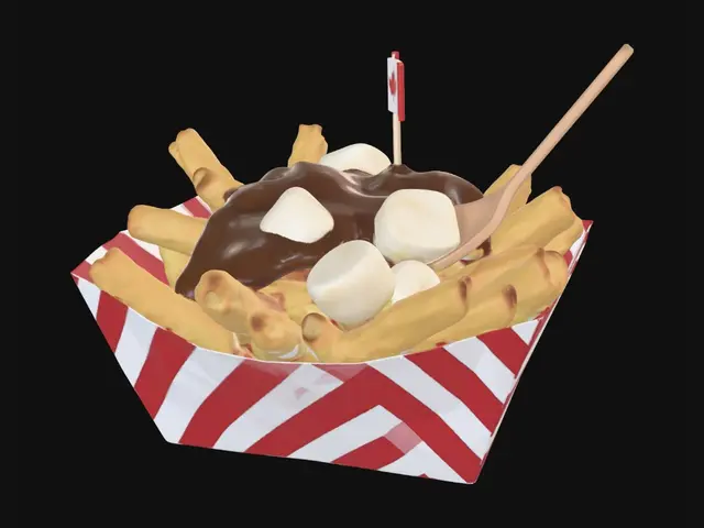 3D model for A hearty serving of Canadian poutine in a red and white checkered paper boat tray: golden crispy french fries piled high, glossy brown gravy drizzled over melting white cheese curds, a small wooden fork stuck in the top, and a tiny Canadian maple leaf flag on a toothpick planted at the peak. ONE solid connected object, appetizing balanced composition, clean silhouette, realistic food detail. Crispy golden-brown fries with salt flecks, glossy rich brown gravy, creamy white irregular soft cheese curds, red and white checkered waxed paper boat, bright red maple leaf flag, light wood fork, subtle grease sheen, photorealistic PBR.