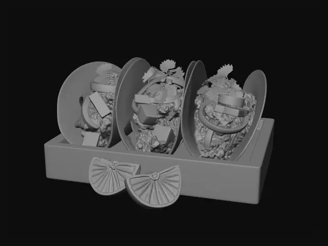 3D model for Three Mexican tacos al pastor standing upright side by side in a rustic wooden taco holder rack, each taco a distinct folded corn tortilla generously filled with chunks of marinated pork, pineapple bits, onion and cilantro, with two bright lime wedges resting on the wooden base in front. ONE solid connected object, three clearly separated tacos, appetizing balanced composition, clean silhouette. Appetizing photorealistic food: lightly charred golden corn tortillas with visible texture, glossy red-orange al pastor pork with caramelized edges, bright yellow pineapple, white onion, fresh green cilantro, vivid juicy lime wedges, warm rustic wood holder, subtle oil sheen, PBR.