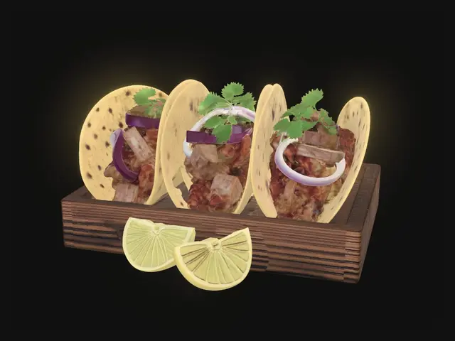 3D model for Three Mexican tacos al pastor standing upright side by side in a rustic wooden taco holder rack, each taco a distinct folded corn tortilla generously filled with chunks of marinated pork, pineapple bits, onion and cilantro, with two bright lime wedges resting on the wooden base in front. ONE solid connected object, three clearly separated tacos, appetizing balanced composition, clean silhouette. Appetizing photorealistic food: lightly charred golden corn tortillas with visible texture, glossy red-orange al pastor pork with caramelized edges, bright yellow pineapple, white onion, fresh green cilantro, vivid juicy lime wedges, warm rustic wood holder, subtle oil sheen, PBR.