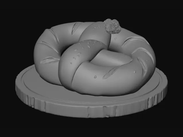3D model for A giant golden Bavarian pretzel lying flat on a round rustic wooden board: classic twisted pretzel knot shape with plump glossy crossed arms, deep baked-brown crust with pale split seams, scattered chunky white salt crystals on top, and a small sprig of parsley on the board beside it. ONE solid connected object, pretzel resting flat on the board, appetizing composition, clean iconic silhouette. Appetizing photorealistic baked bread: deep glossy golden-brown lye crust over the WHOLE pretzel with natural baking gradient, pale cream split seams, chunky white coarse salt crystals, warm rustic oak board with visible grain, fresh green parsley, subtle sheen, PBR.