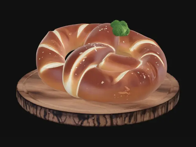 3D model for A giant golden Bavarian pretzel lying flat on a round rustic wooden board: classic twisted pretzel knot shape with plump glossy crossed arms, deep baked-brown crust with pale split seams, scattered chunky white salt crystals on top, and a small sprig of parsley on the board beside it. ONE solid connected object, pretzel resting flat on the board, appetizing composition, clean iconic silhouette. Appetizing photorealistic baked bread: deep glossy golden-brown lye crust over the WHOLE pretzel with natural baking gradient, pale cream split seams, chunky white coarse salt crystals, warm rustic oak board with visible grain, fresh green parsley, subtle sheen, PBR.