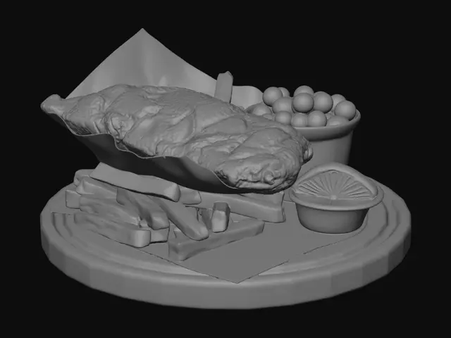 3D model for Classic British fish and chips: one large golden battered fried fish fillet resting on a generous pile of thick-cut chips in an open plain white paper wrap, a single wedge of yellow lemon and one small tub of bright green mushy peas tucked beside the fish, on a simple round wooden serving board. ONE solid connected object, appetizing balanced composition, clean silhouette, plain unprinted white paper, only one tub. Appetizing photorealistic food: crispy golden-brown beer batter with crunchy texture, thick fluffy golden chips with rough cut edges, soft white waxed paper with natural creases, vivid green mushy peas, fresh yellow lemon wedge, warm oak board with visible grain, subtle fried sheen, PBR.