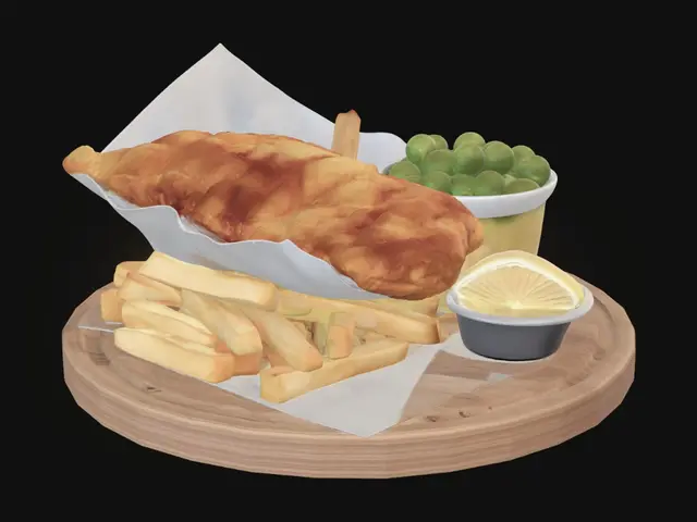 3D model for Classic British fish and chips: one large golden battered fried fish fillet resting on a generous pile of thick-cut chips in an open plain white paper wrap, a single wedge of yellow lemon and one small tub of bright green mushy peas tucked beside the fish, on a simple round wooden serving board. ONE solid connected object, appetizing balanced composition, clean silhouette, plain unprinted white paper, only one tub. Appetizing photorealistic food: crispy golden-brown beer batter with crunchy texture, thick fluffy golden chips with rough cut edges, soft white waxed paper with natural creases, vivid green mushy peas, fresh yellow lemon wedge, warm oak board with visible grain, subtle fried sheen, PBR.