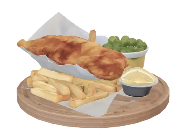 Classic British fish and chips: one large golden battered fried fish fillet resting… - Lemon 3D model, vytvořený pomocí AI