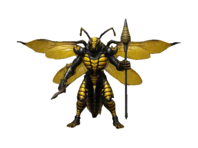 An extremely detailed monster wasp with a humanoid body wasp feachers black and yellow… 3D model, vytvořený pomocí AI