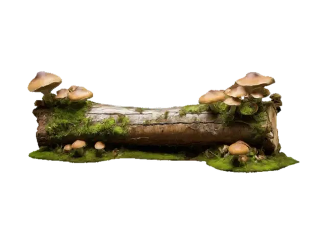 A large fallen log covered in mushrooms and moss 3D model, vytvořený pomocí AI