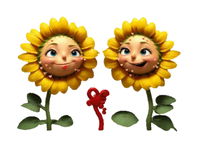 #valentine#, 2 cartoon sunflowers kissing - Couple 3D model, vytvořený pomocí AI