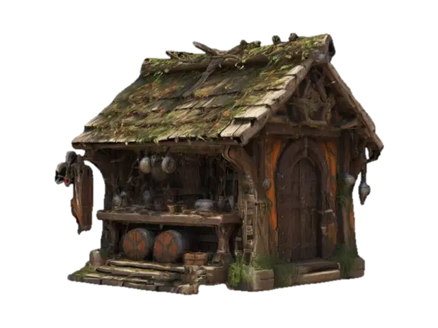 A beautiful medieval merchants stand adorned with weapons and armor. Old wooden… - Merchant 3D model, vytvořený pomocí AI